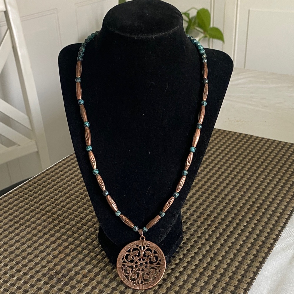 Copper-Tone Floral Medallion Necklace with Teal Beads - Women Jewelry